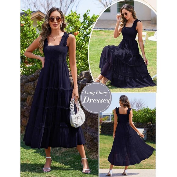 Women's Summer Midi Dress Tulle Flowy Smocked Square Neck Ruffle - Picture 2 of 7